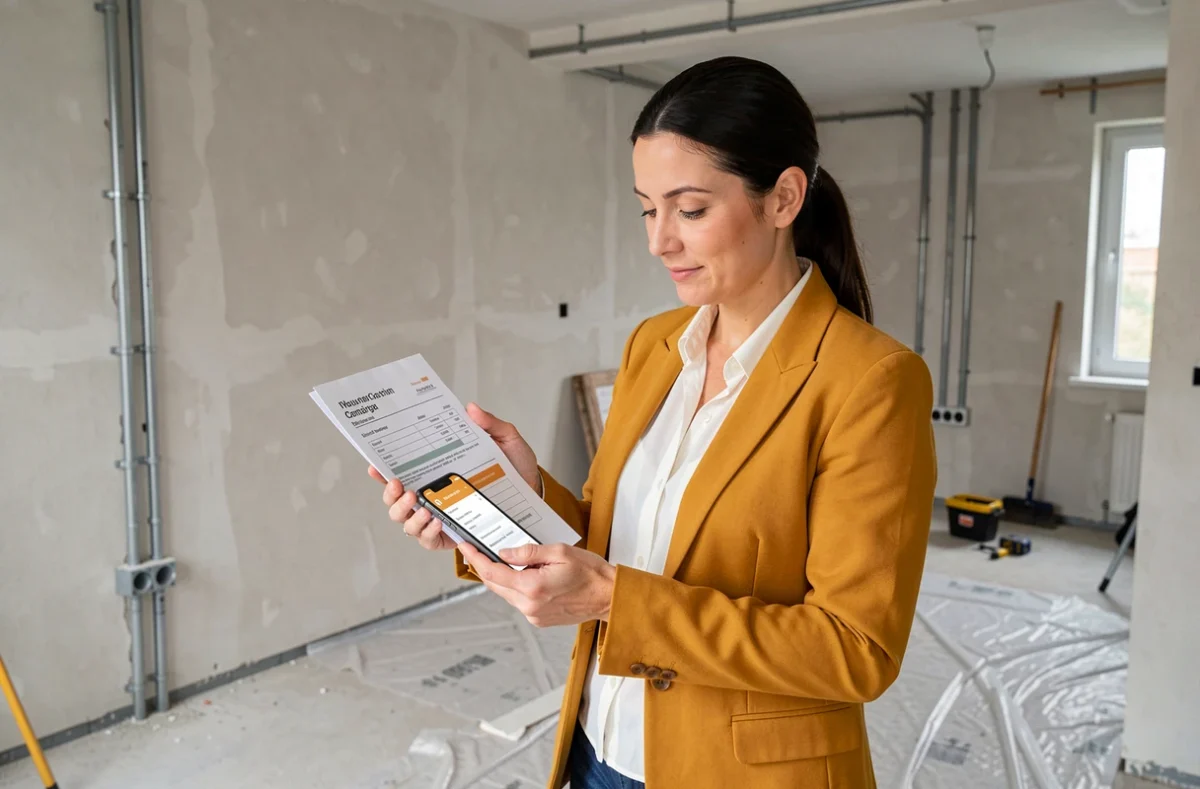Propriétaire comparant un devis de rénovation sur son téléphone dans un appartement en cours de travaux