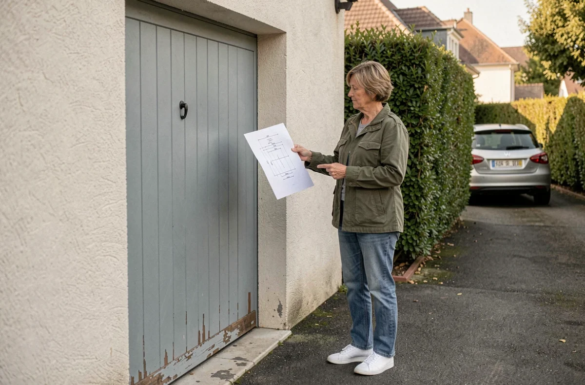 Propriétaire consultant un plan de dimensions de porte de garage devant son garage à rénover