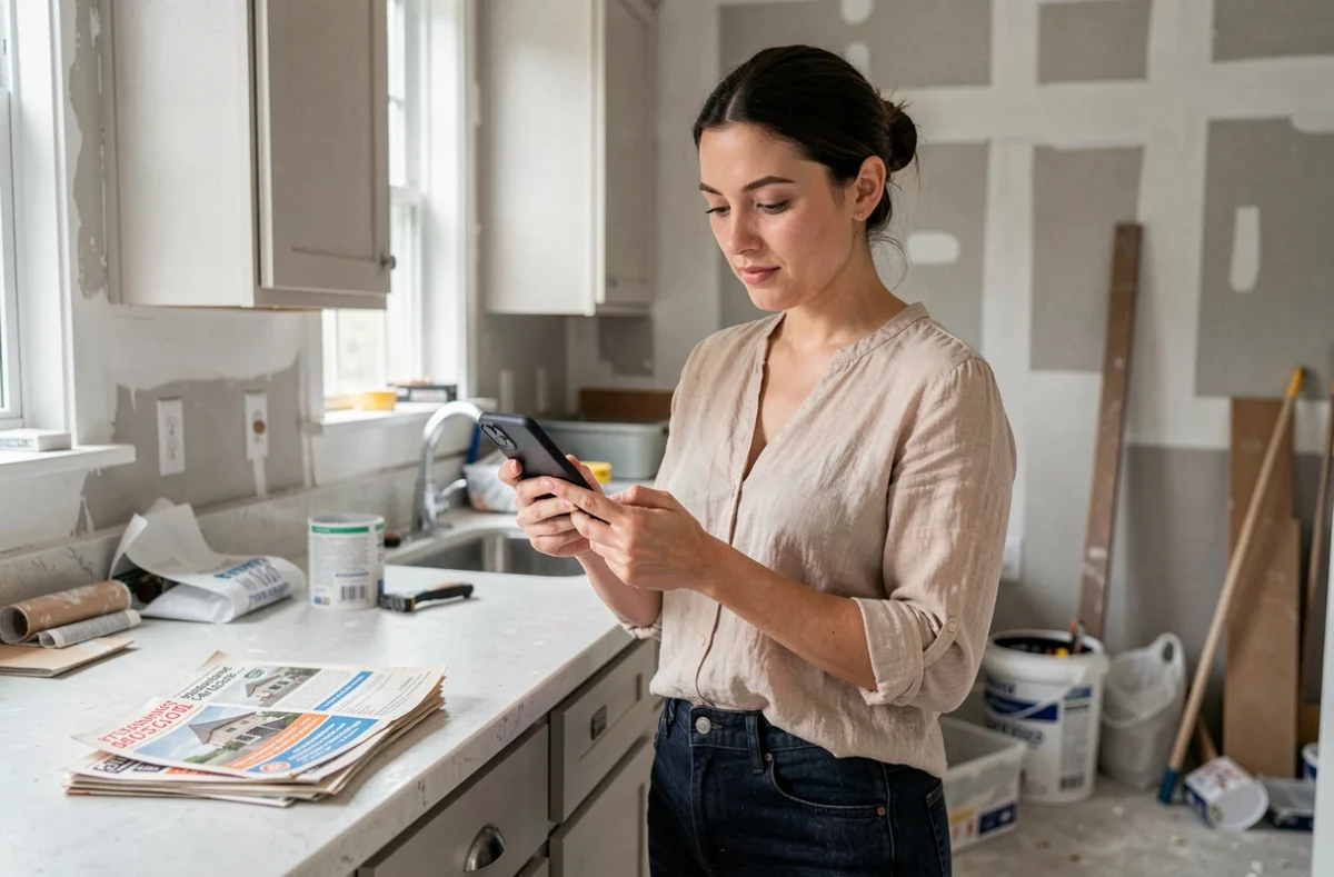 Propriétaire cherchant un artisan local sur une application mobile en remplacement des petites annonces papier