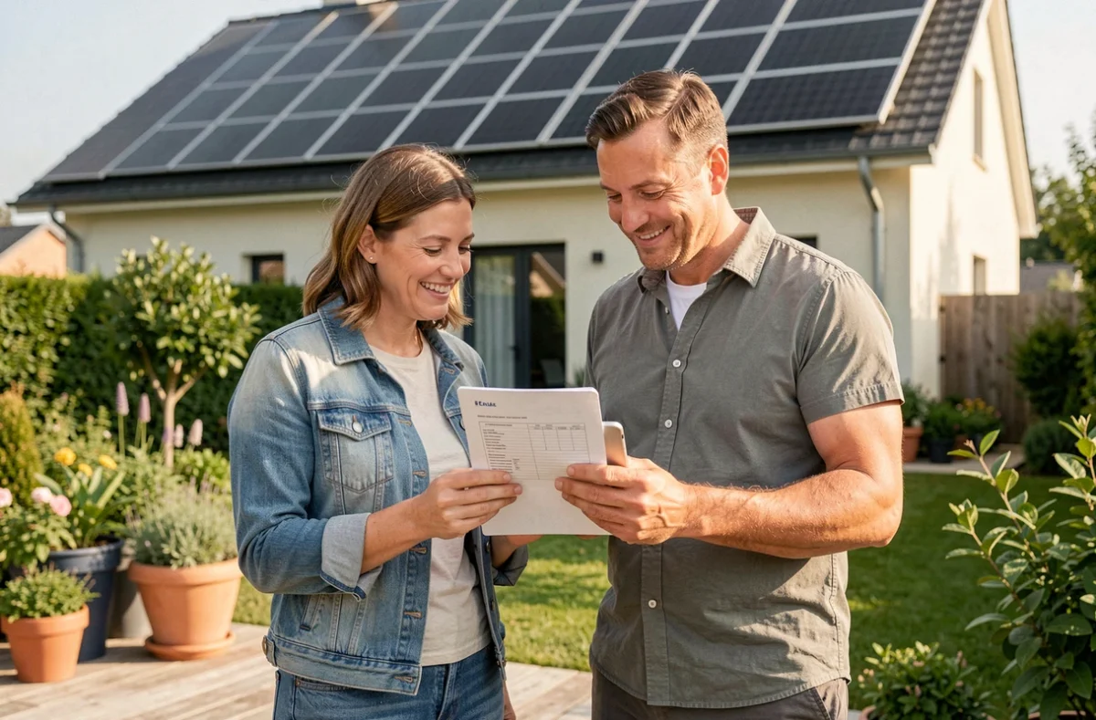 Couple de propriétaires français consultant un devis pour l'installation de panneaux solaires à domicile