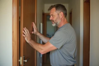 Homme réglant une porte intérieure à 3 gonds sans vis dans un couloir résidentiel