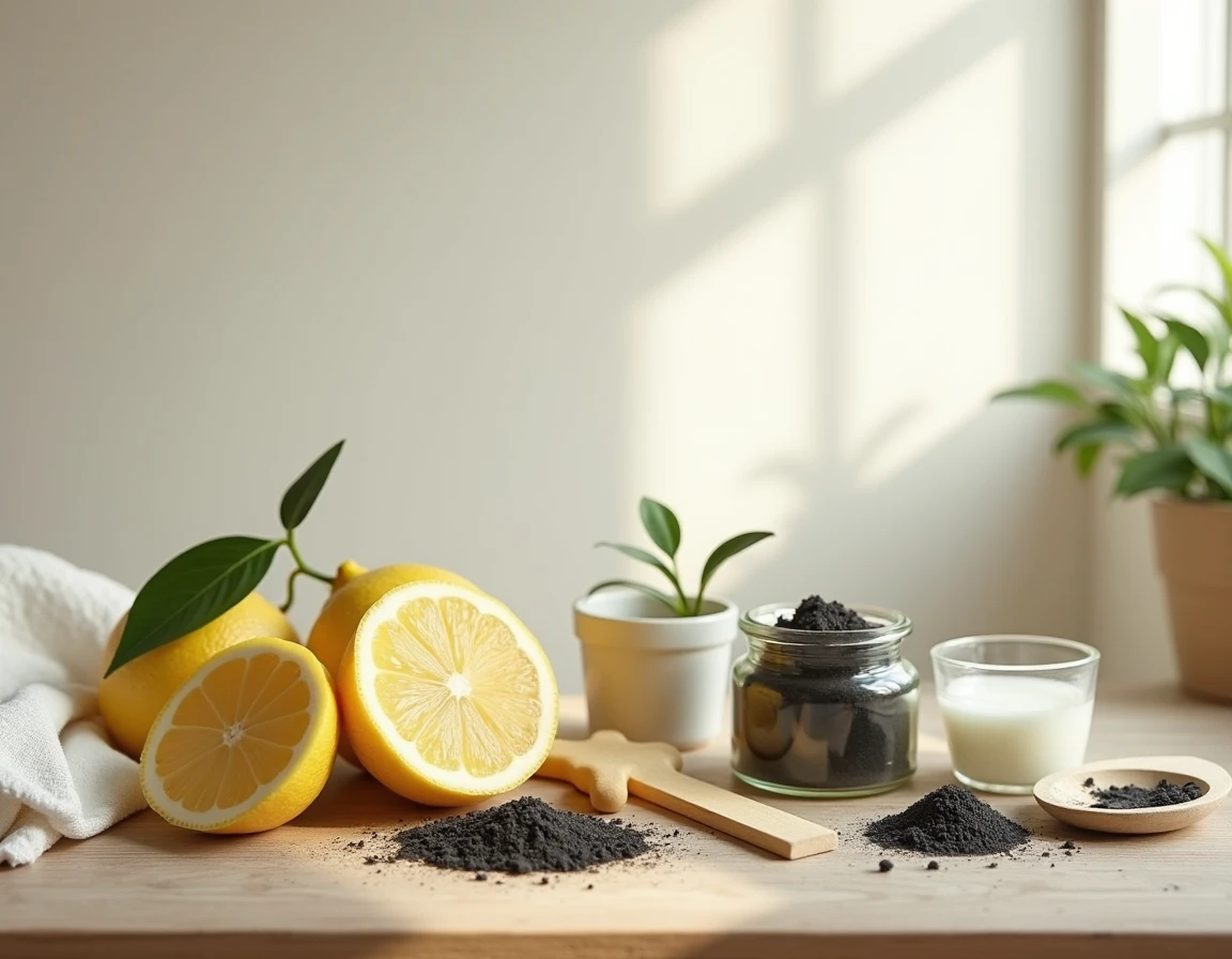Remèdes naturels contre l'odeur de peinture posés sur un établi devant un mur fraîchement peint, incluant citrons, charbon actif et vinaigre blanc