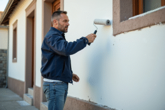 Homme appliquant de la peinture blanche sur façade de maison ancienne