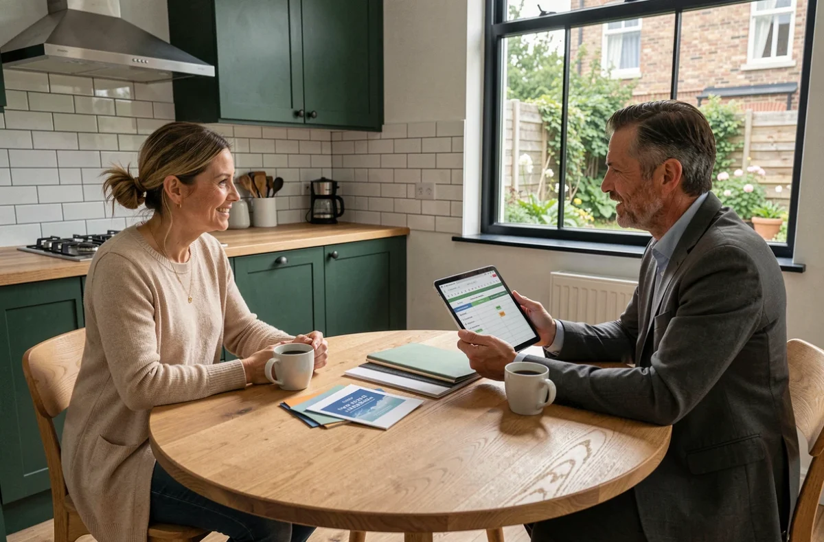 Couple de propriétaires en réunion de consultation avec un conseiller en gestion de rénovation à Lille