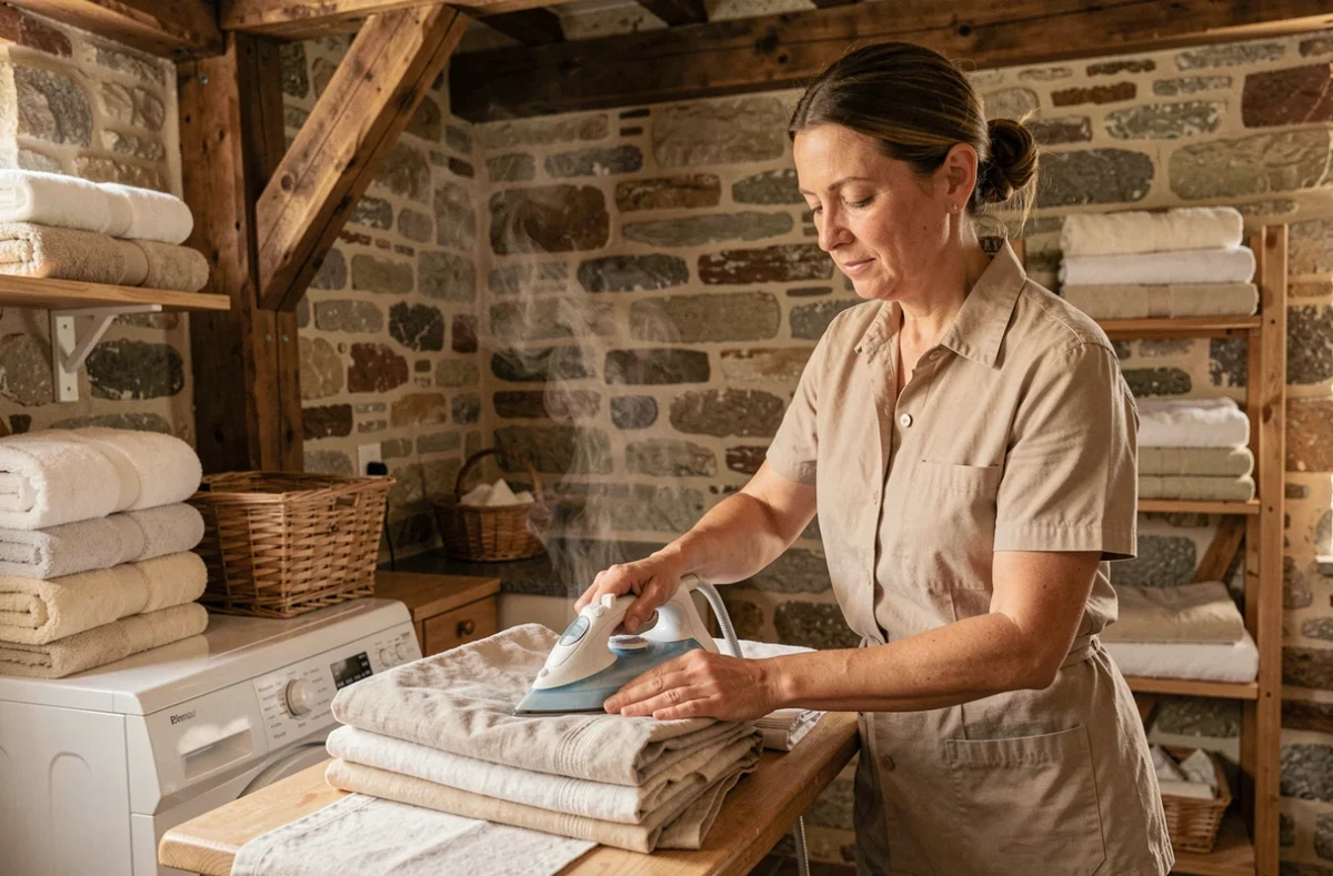 Aide ménagère Rhône-Alpes Assistance repassant du linge dans la buanderie d'une maison en pierre auvergnate