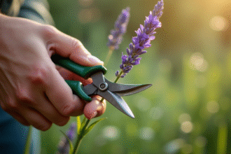 Mains de jardinier avec tige de lavande fraîche et ciseaux