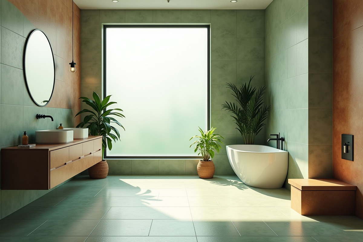 Salle de bain moderne avec carrelage vert sauge et terracotta