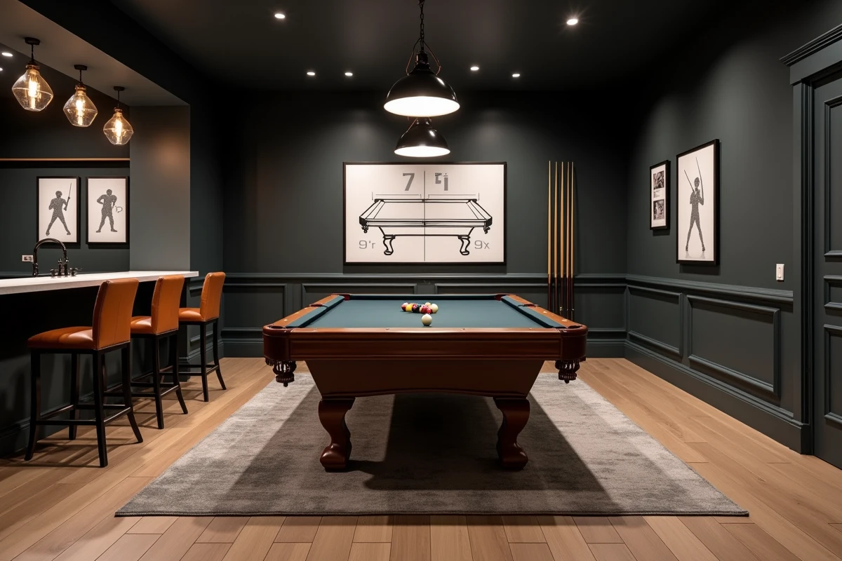 Salle de jeux maison avec billard américain comme pièce centrale et décoration industrielle