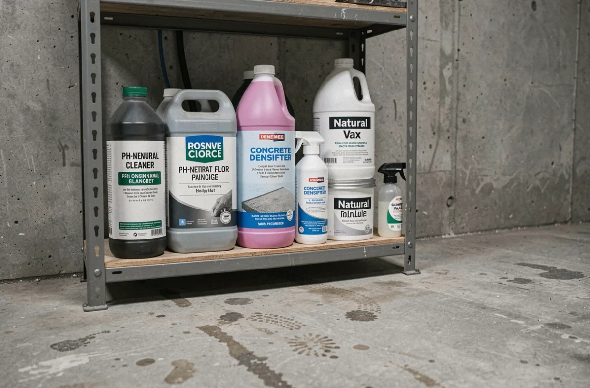 Étagère de garage avec une sélection de produits d'entretien pour sol en béton brut