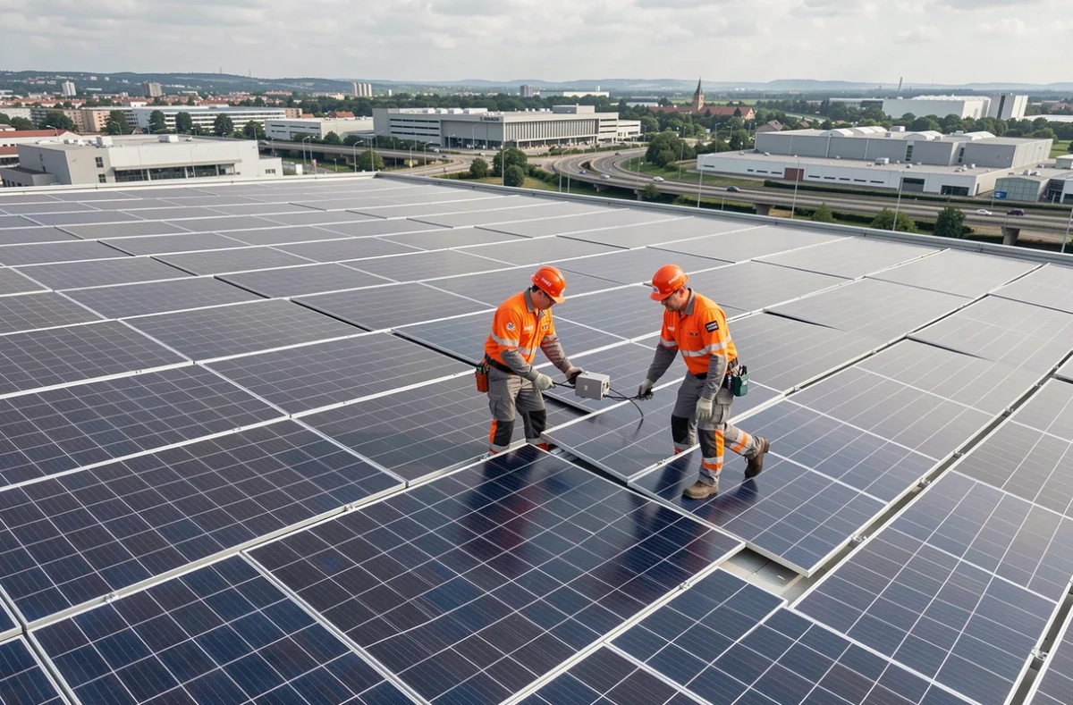 Équipe SNEF installant un grand champ de panneaux solaires sur le toit d'un bâtiment industriel dans la métropole de Lyon