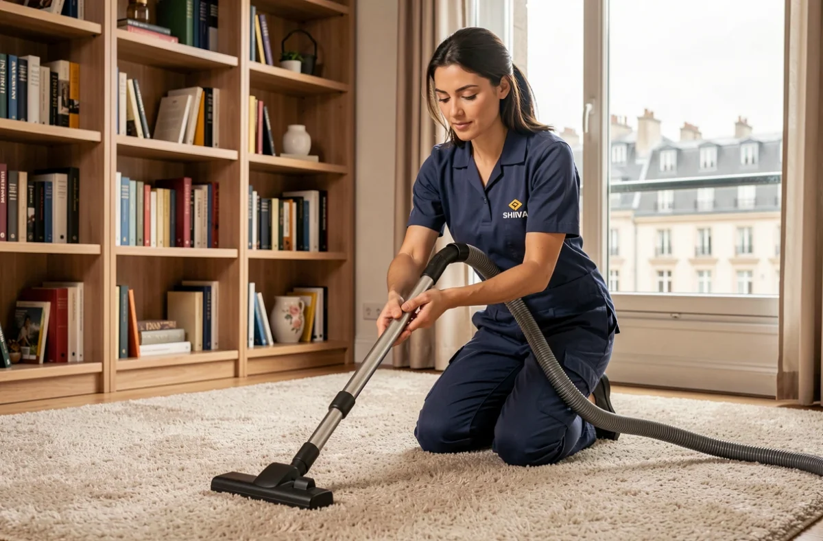 Technicienne de ménage Shiva en uniforme aspirant un tapis dans un appartement lyonnais
