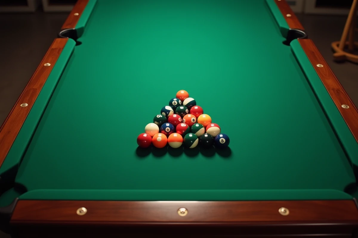 Vue rapprochée de la surface d'un billard américain avec billes disposées et quenouille en bois