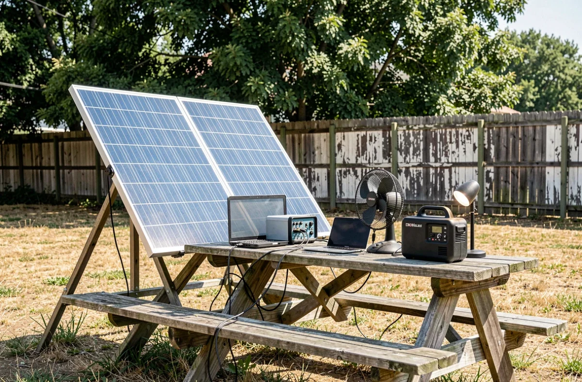 Système de panneau solaire 600 W en extérieur alimentant une station d'énergie portable et des appareils du quotidien