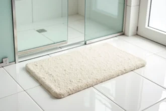 Tapis de bain en diatomite posé sur carrelage blanc dans une salle de bain minimaliste, texture poreuse visible en détail