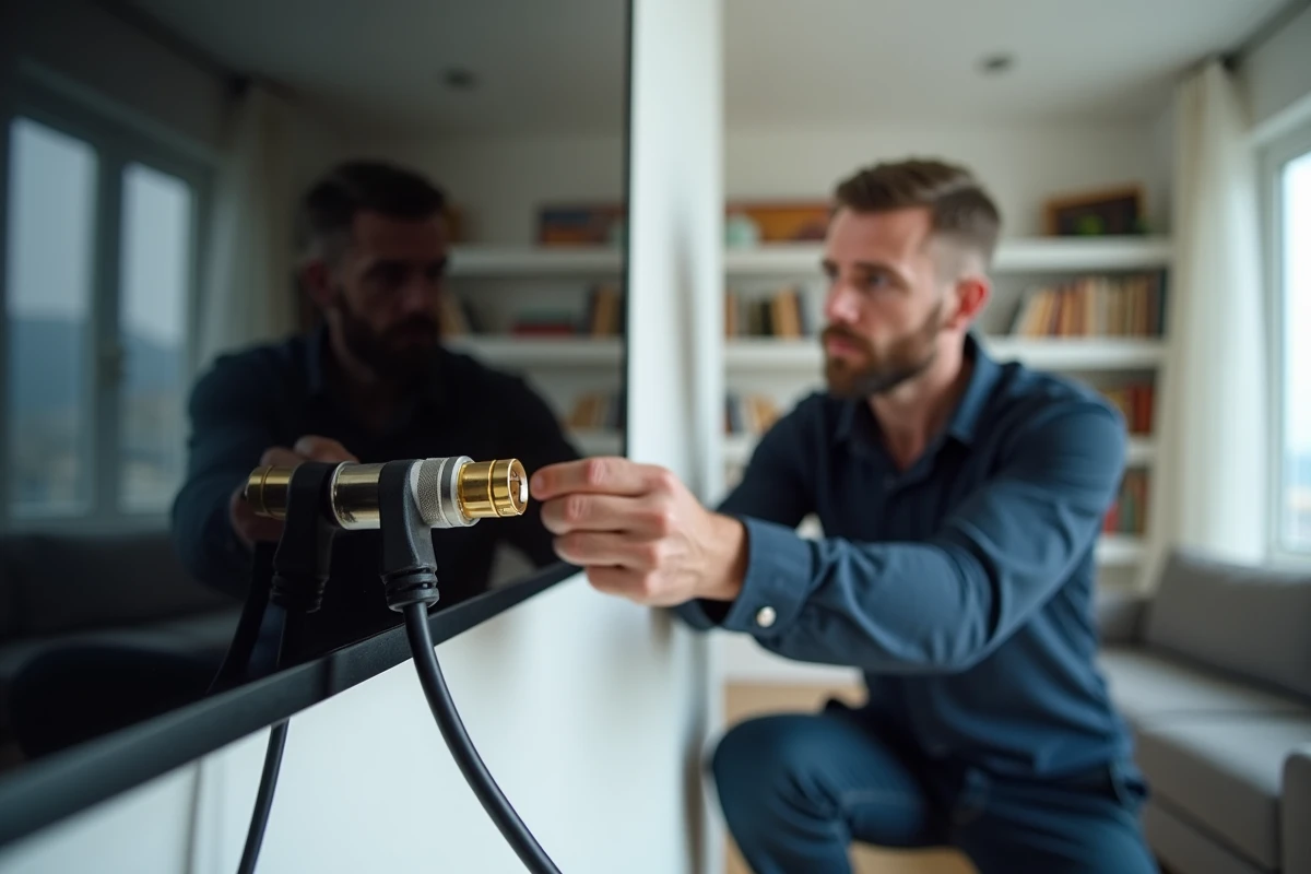 Technicien connectant un câble coaxial TV avec une fiche F vissée à l'entrée d'un téléviseur mural