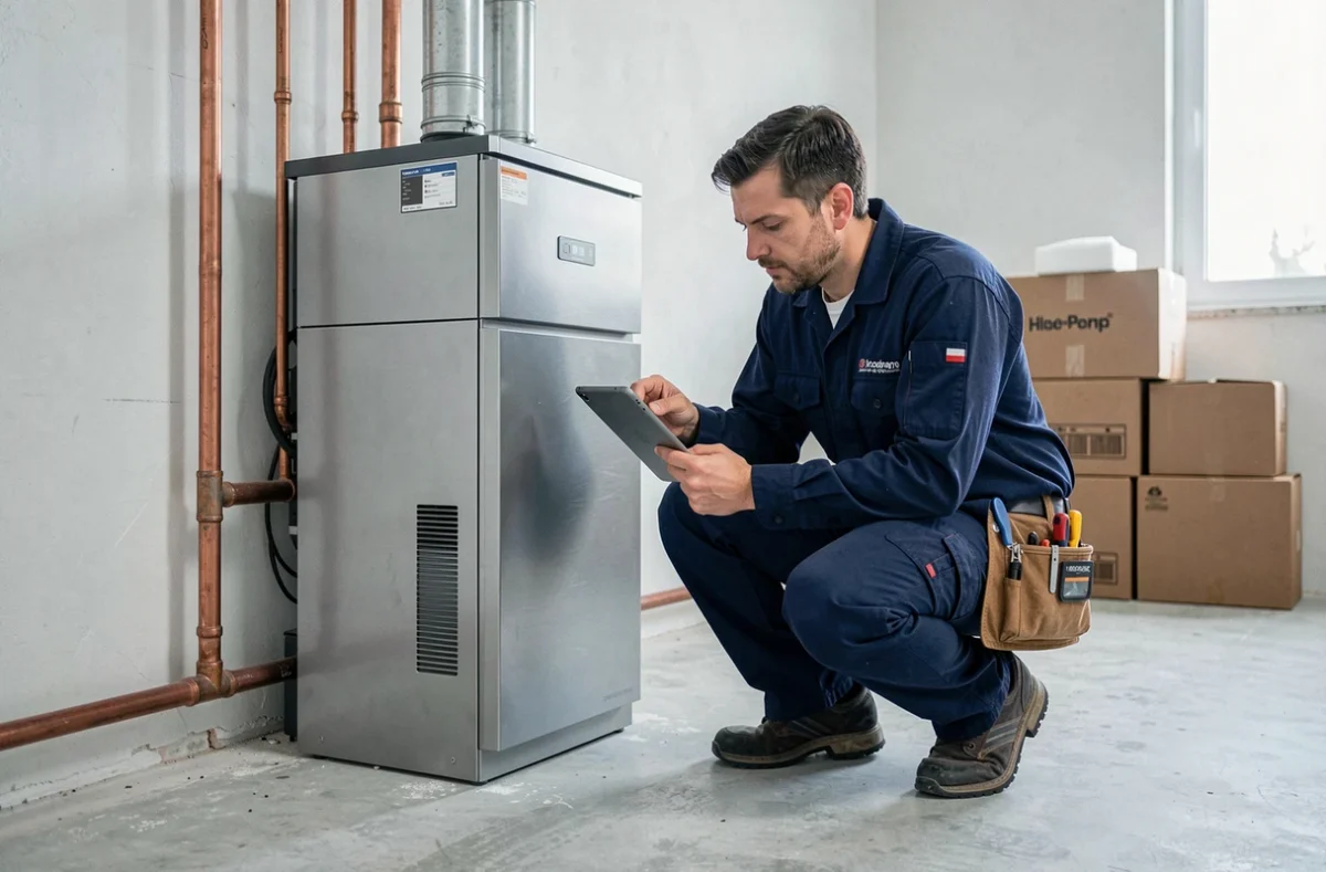 Technicien installateur diagnostiquant une pompe à chaleur air-eau dans une buanderie moderne