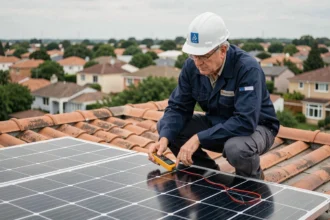 Technicien solaire inspectant un panneau photovoltaïque nouvelle génération sur un toit résidentiel