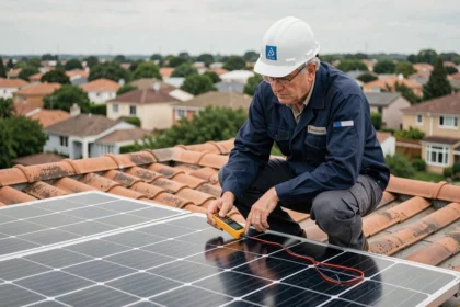 Technicien solaire inspectant un panneau photovoltaïque nouvelle génération sur un toit résidentiel