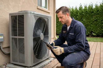 Technicien HVAC inspectant une pompe à chaleur air-air installée sur la façade extérieure d'une maison individuelle