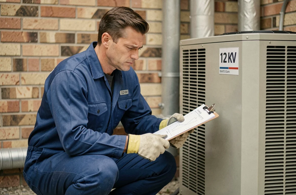 Technicien CVC inspectant une pompe à chaleur de 12 kW avec une fiche technique