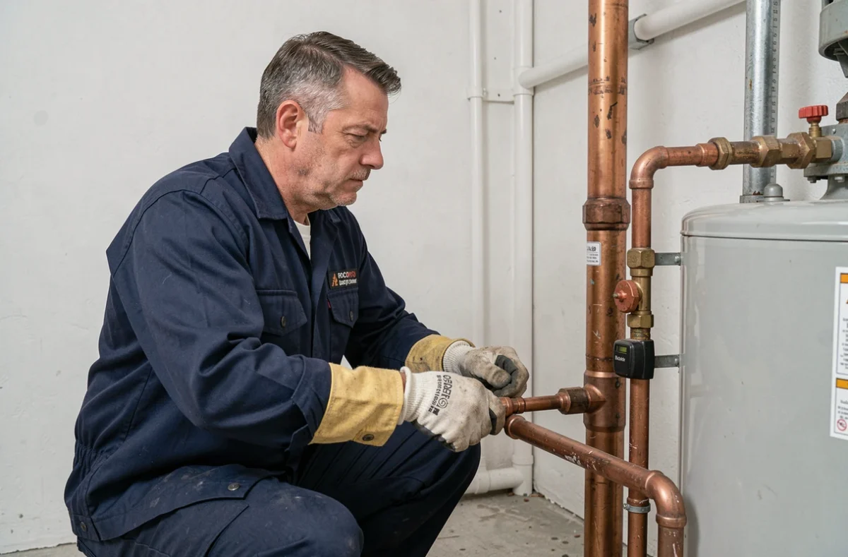 Technicien chauffagiste installant une pompe à chaleur en relève de chaudière gaz dans une chaufferie résidentielle