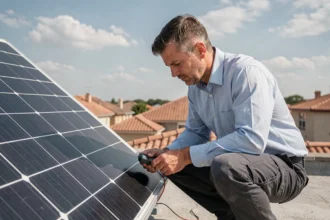 Technicien inspectant un panneau solaire de 600 W installé sur un toit résidentiel avec un multimètre