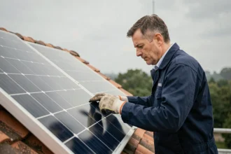 Technicien inspectant un panneau solaire monocristallin sur un toit résidentiel