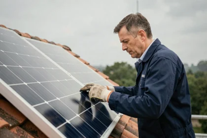 Technicien inspectant un panneau solaire monocristallin sur un toit résidentiel