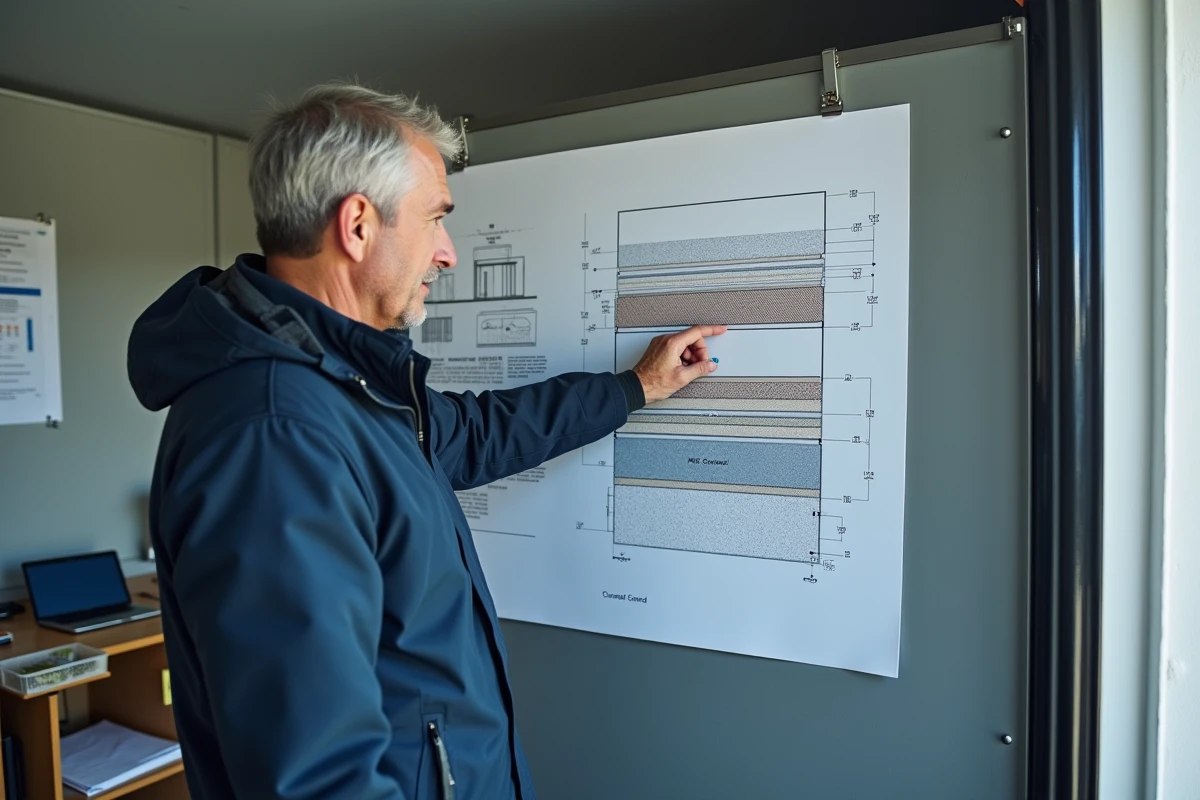 Technicien en bâtiment pointant un schéma en coupe comparant les couches de chape intérieure et extérieure sur un chantier