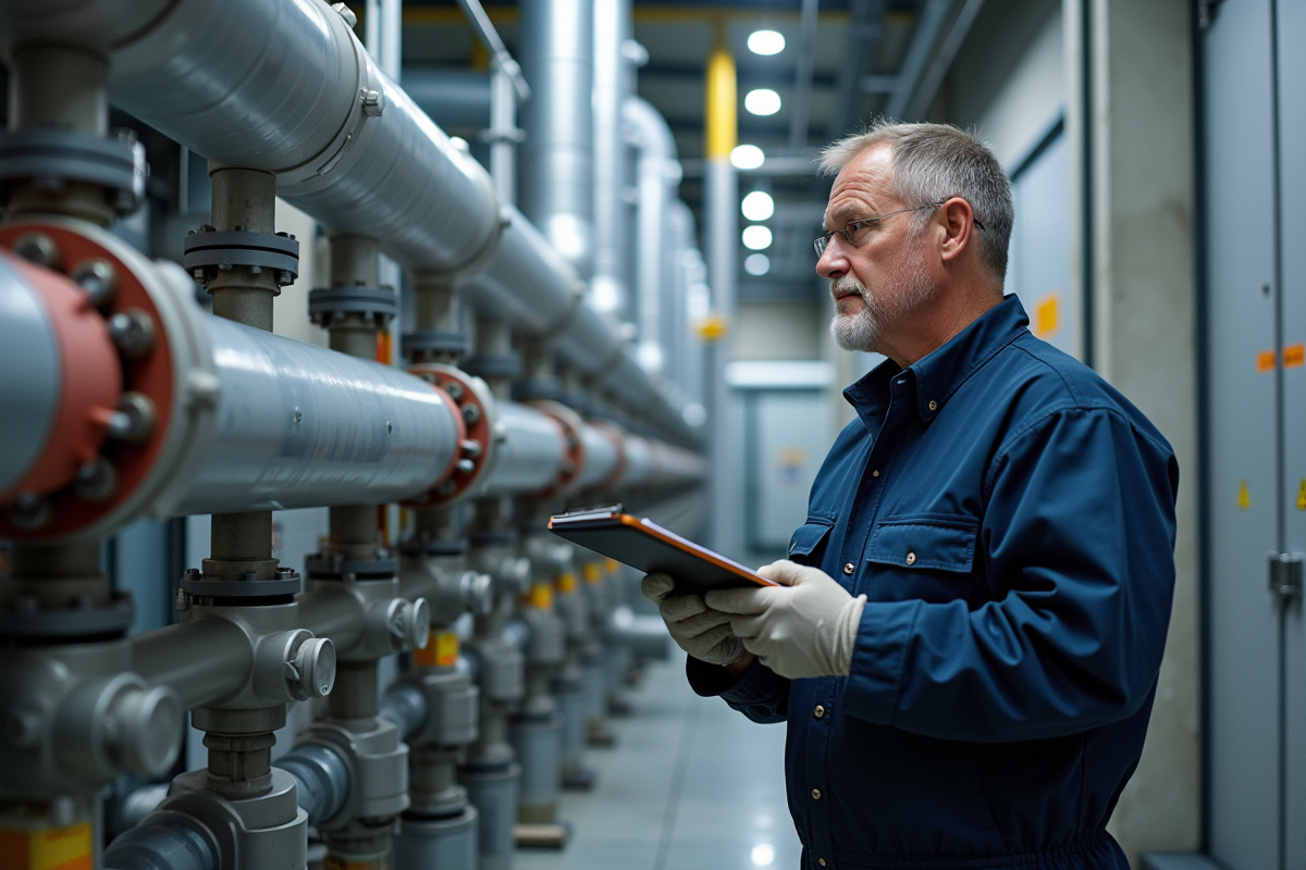 Technicien en overalls examinant un systeme de recuperation de chaleur