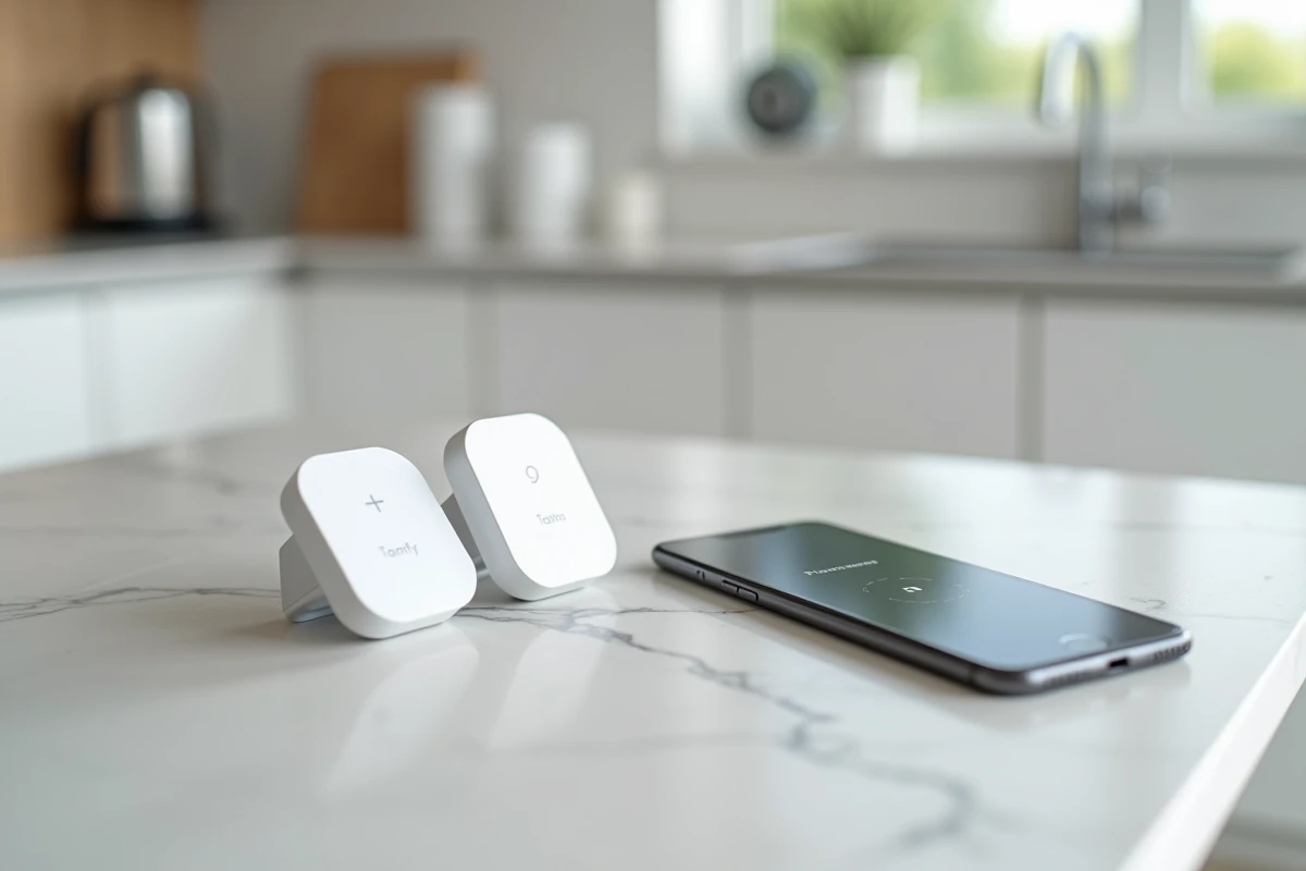 Télécommandes Somfy Telis et Situo posées près d'un smartphone affichant l'application TaHoma pour le couplage domotique