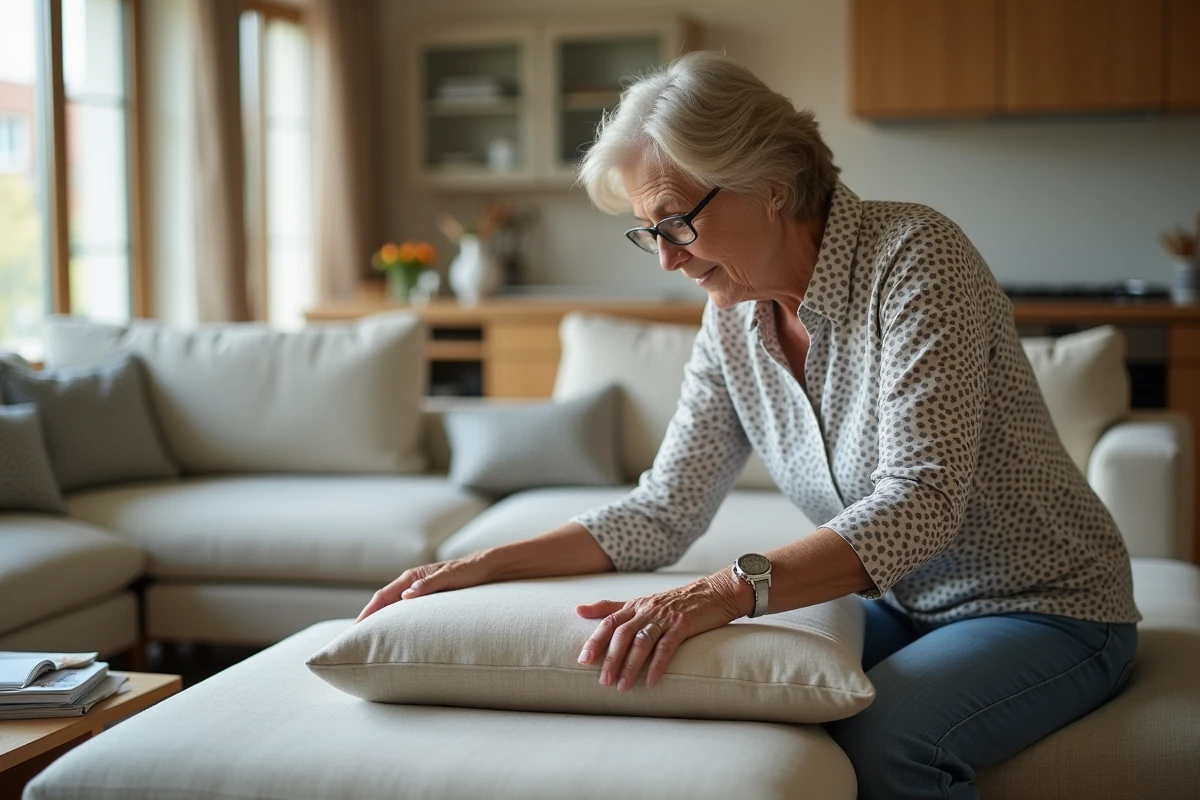 Femme âgée testant la fermeté d’un coussin de canapé
