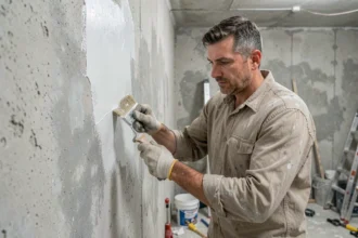 Professionnel appliquant un traitement anti-humidité sur un mur intérieur en béton avec des traces d'efflorescence