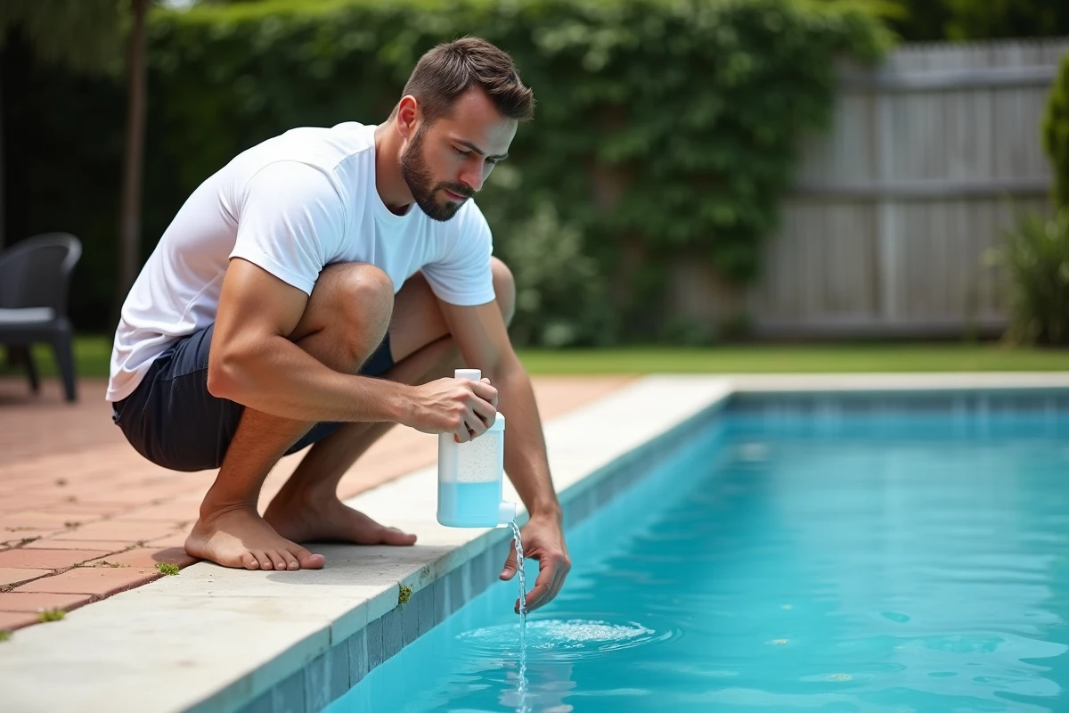Homme versant de la javel dans une piscine résidentielle lors d'un traitement choc de l'eau