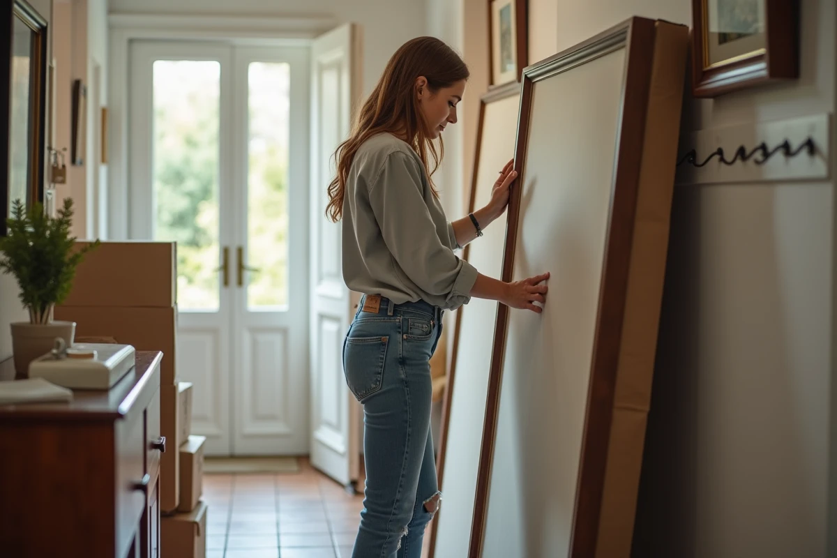 Femme emballant un tableau encadré dans un carton renforcé pour un déménagement de meuble fragile