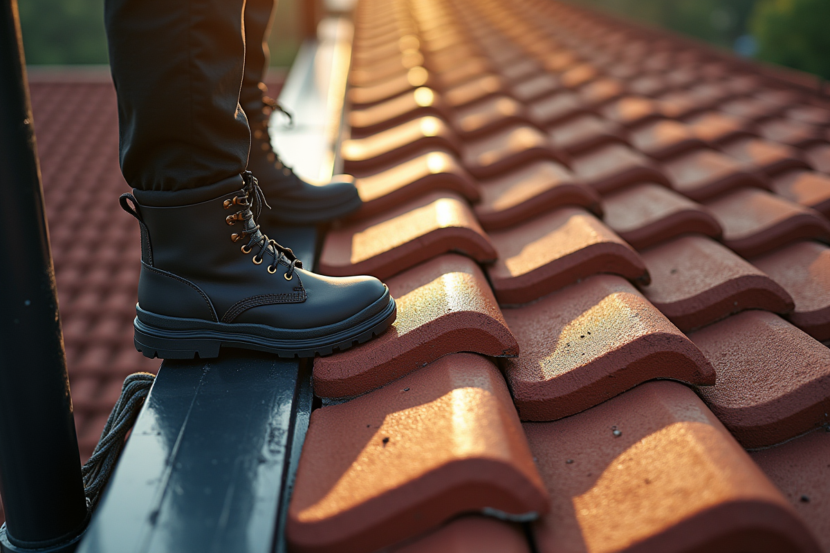 Gros plan sur tuiles solides avec bottes de sécurité en hauteur