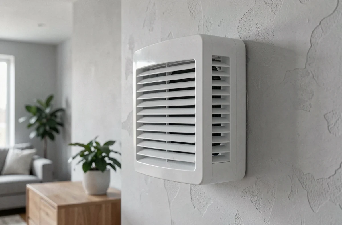 Unité intérieure de pompe à chaleur murale installée dans un salon minimaliste moderne