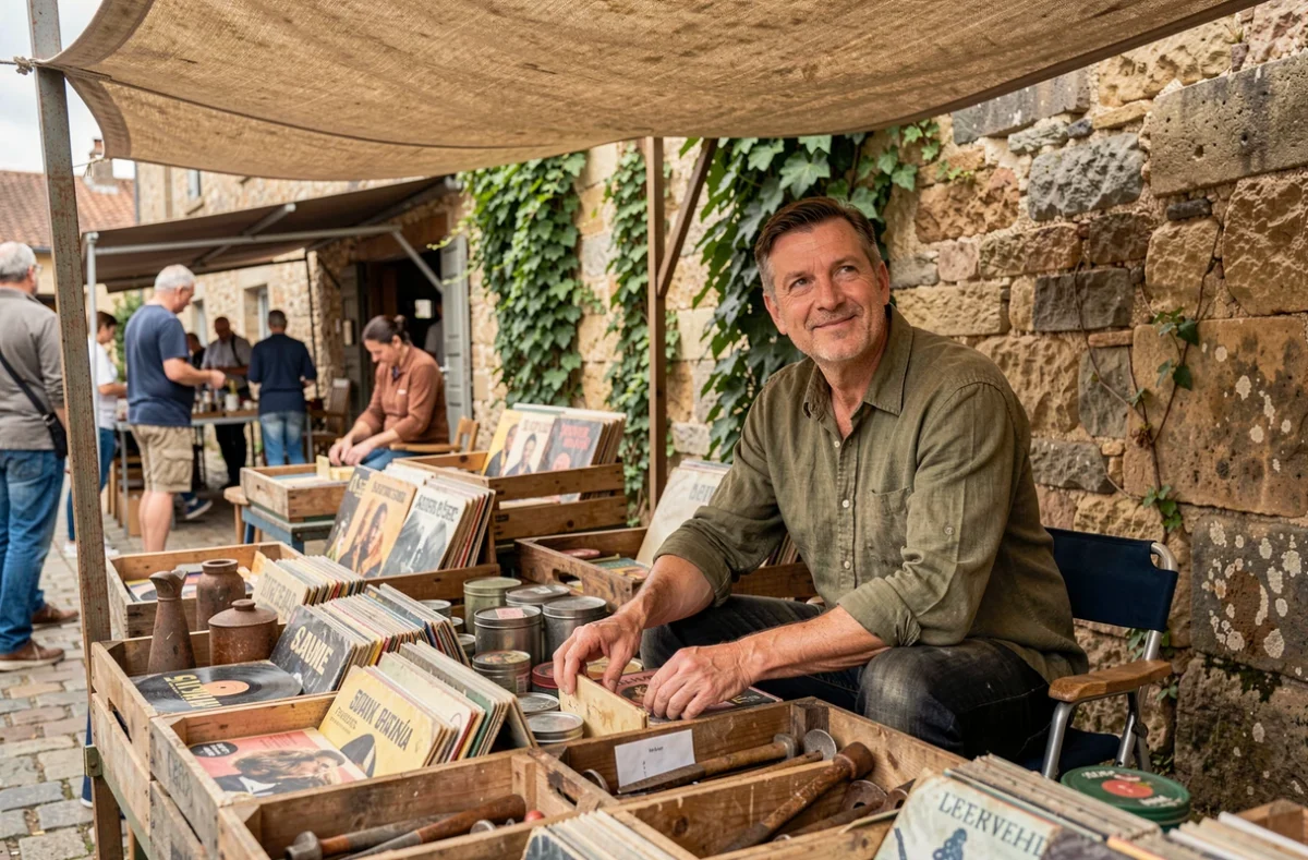 Vendeur de brocante assis derrière son stand de disques vinyles et objets anciens dans un village du Tarn-et-Garonne