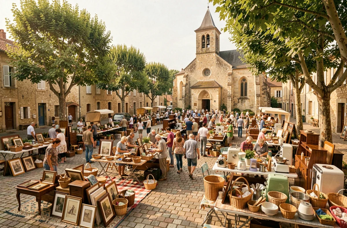 Vue panoramique d'un vide grenier animé sur la place d'un village en Tarn-et-Garonne