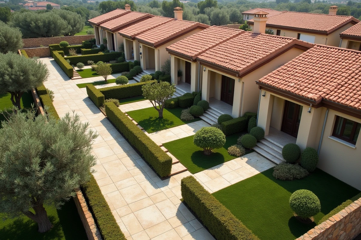 Vue d'ensemble d'un lotissement en copropriété horizontale avec villas individuelles et espaces communs partagés