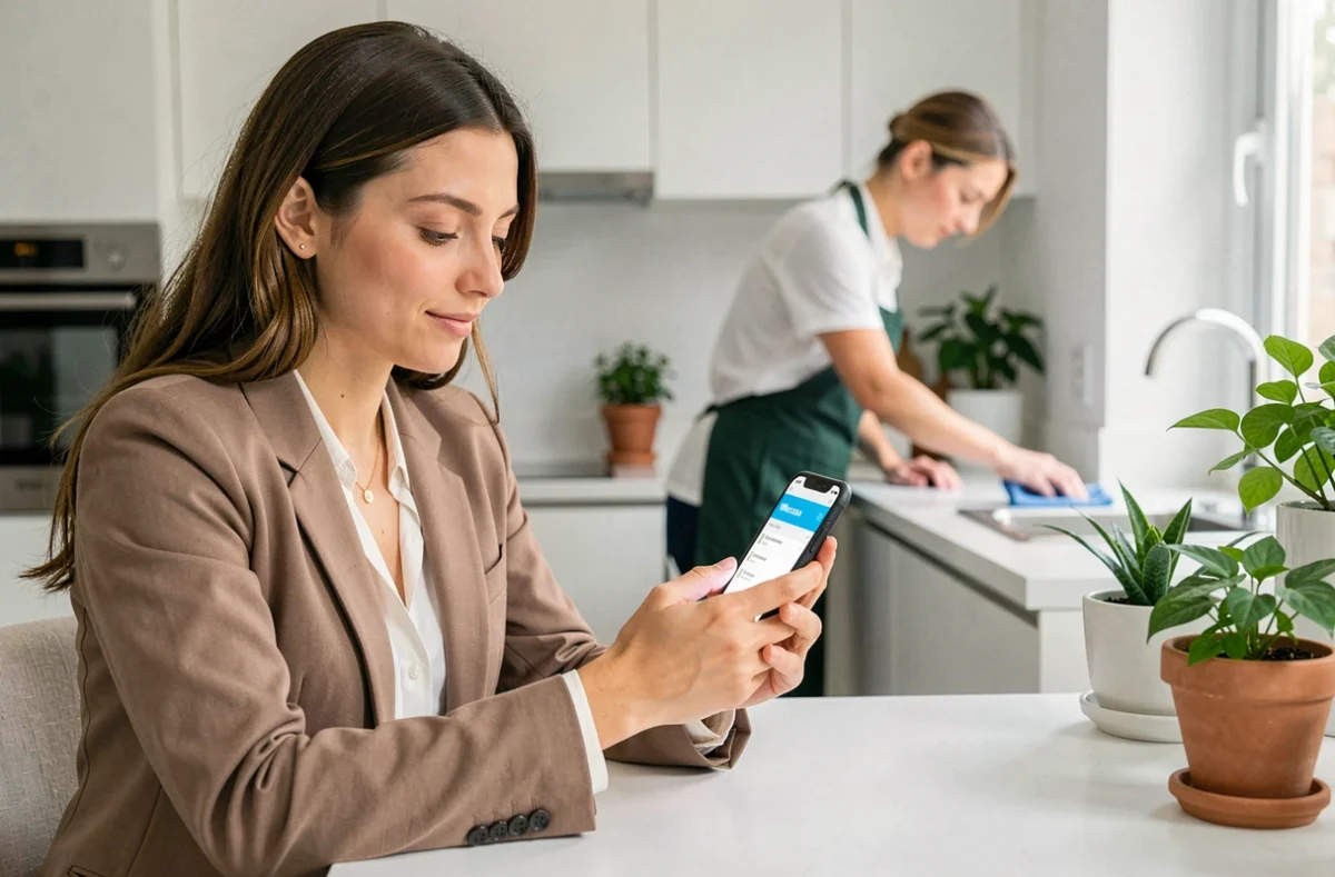 Femme réservant un service de ménage via l'application Wecasa sur son smartphone dans sa cuisine