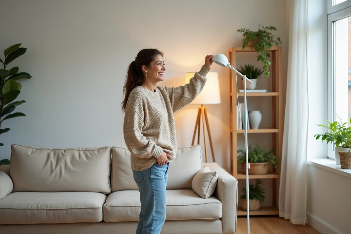 Femme souriante ajustant une lampe dans un salon moderne